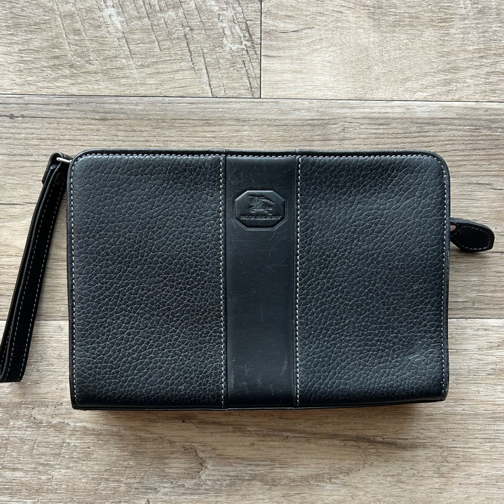 Burberry Clutch Large Black Plaid Pebbled Leather